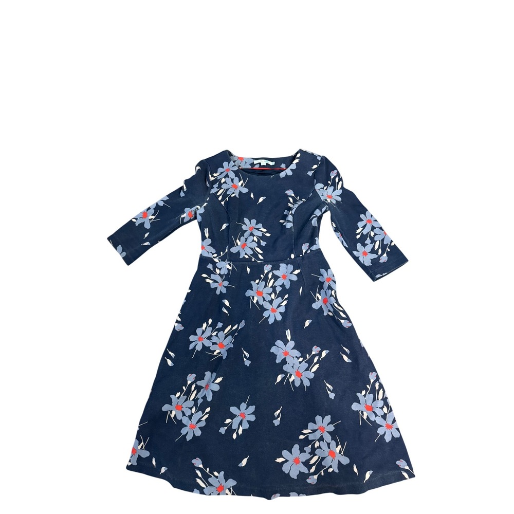 Boden Navy Floral Midi Dress 3/4 Sleeve Classic Cottagecore Size 8 Romantic